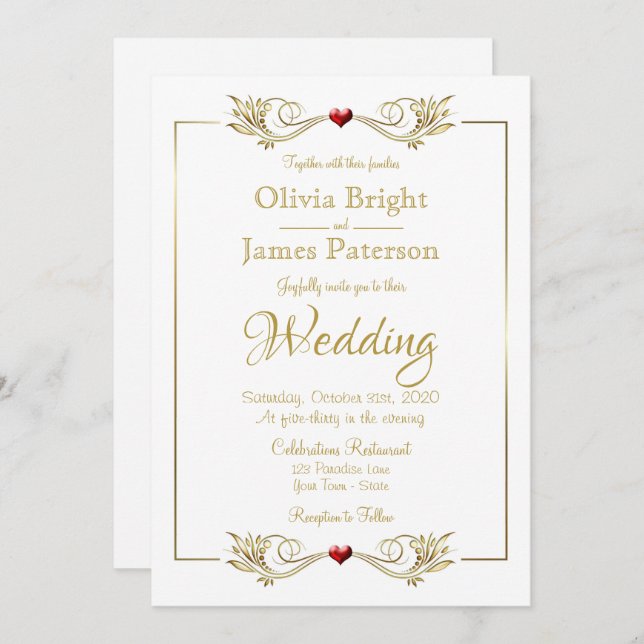 Convite Casamento Dourado do Coração Vermelho do Quadro Br (Frente/Verso)