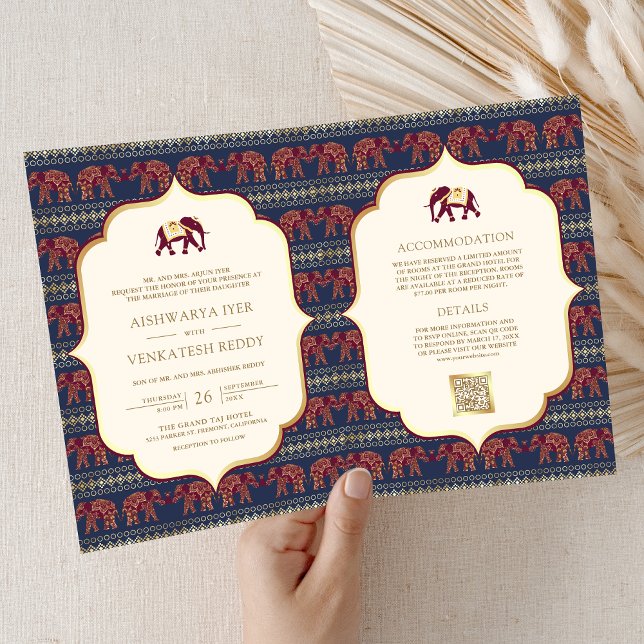 Convite Casamento Dourado do Elefante Azul-Burgundy (Criador carregado)