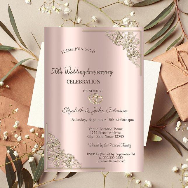 Convite Casamento Dourado do Elegant Hearts Frame Rosa (Criador carregado)
