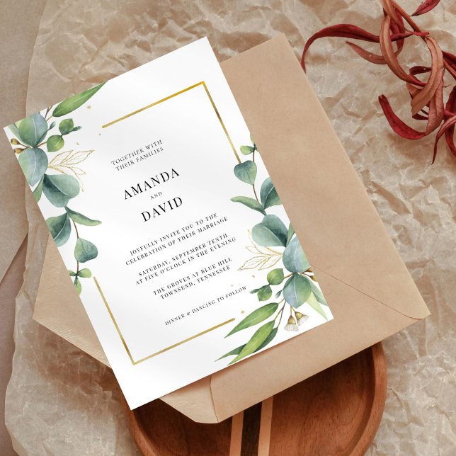 Convite Casamento Dourado do Elegante Eucalyptus Greenery (Criador carregado)