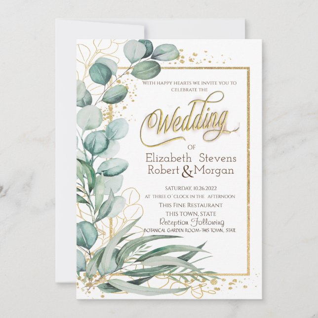Convite Casamento Dourado do Elegante Eucalyptus Greenery (Frente)