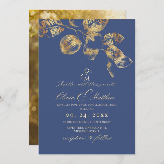 Convite Casamento Dourado do Elegante Sapphire Pantone (Frente/Verso)