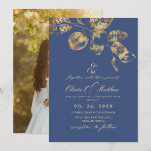 Convite Casamento Dourado do Elegante Sapphire Pantone