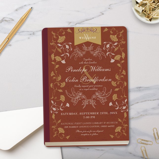 Convite Casamento Dourado do Livro Floral Elegante Terra C (Elegant and Rustic Vintage Floral Wedding Invitation with Terra Cotta Beige and Gold for Regal Vows)