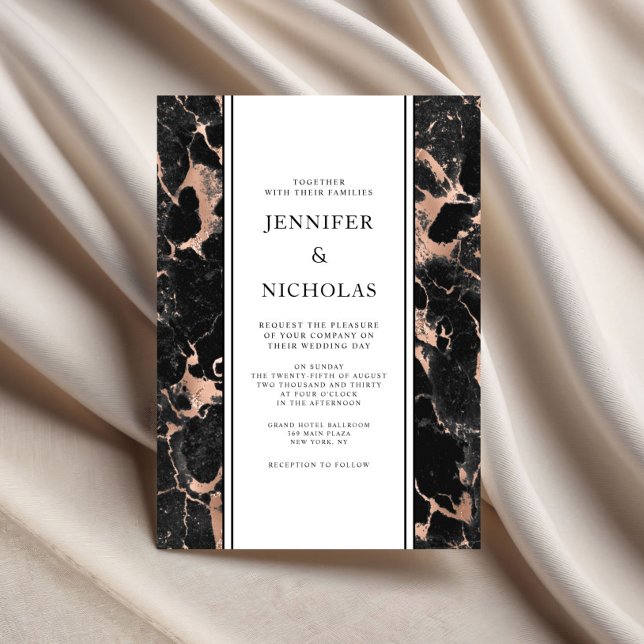 Convite Casamento Dourado do Mármore Negro Elegante (Elegant Black Marble Rose Gold Wedding Invitation)
