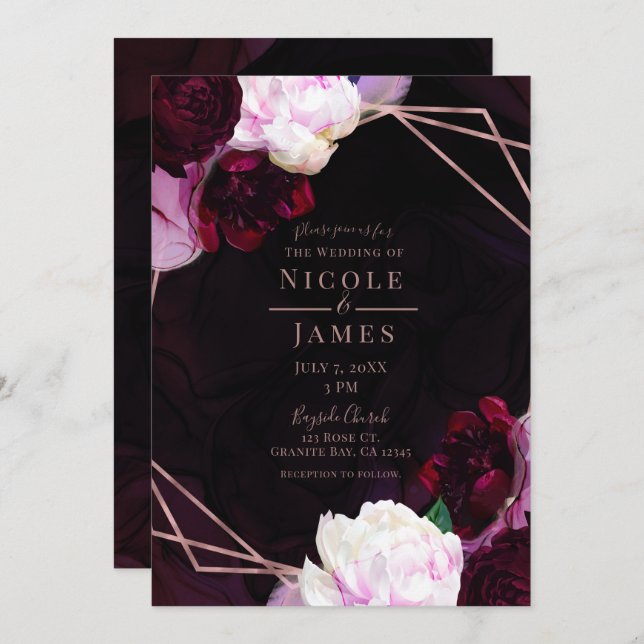Convite Casamento Dourado do Moody Wine Floral Modern Rosa (Frente/Verso)