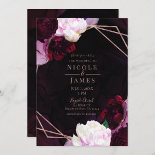Convite Casamento Dourado do Moody Wine Floral Modern Rosa