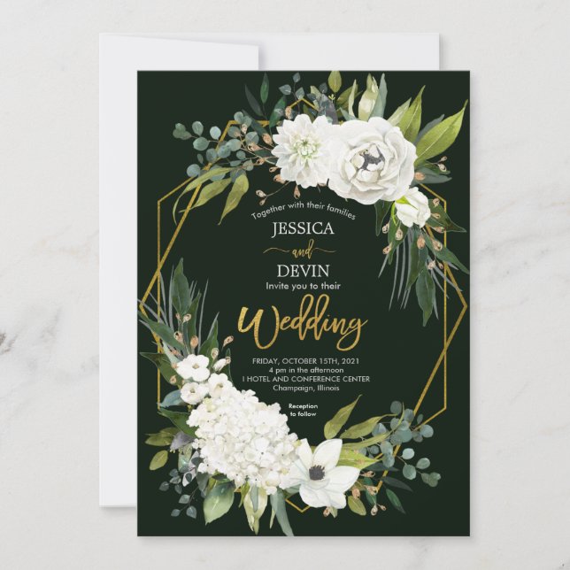 Convite Casamento Dourado do Quadro Verde Floral Branco Mo (Frente)