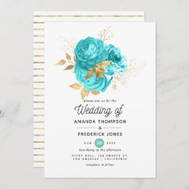 Convite Casamento Dourado e Azul Aqua