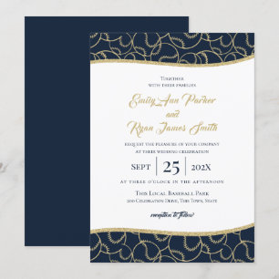 Convite Casamento Dourado e Azul com Baseball