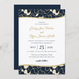 Convite Casamento Dourado e Azul com Baseball