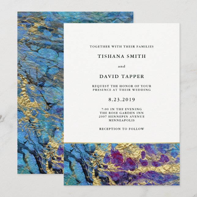 Convite Casamento Dourado e Azul Marbled (Frente/Verso)