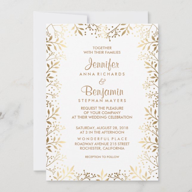 Convite Casamento Dourado e Branco da Respiração do Bebê (Frente)