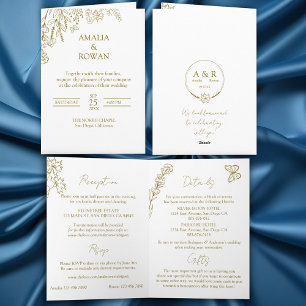 Convite Casamento Dourado e branco das flores