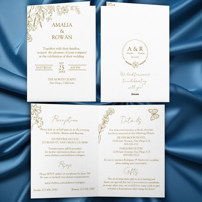 Convite Casamento Dourado e branco das flores (Criador carregado)