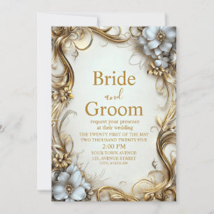 Convite Casamento Dourado e Branco de Borda Floral Elegant
