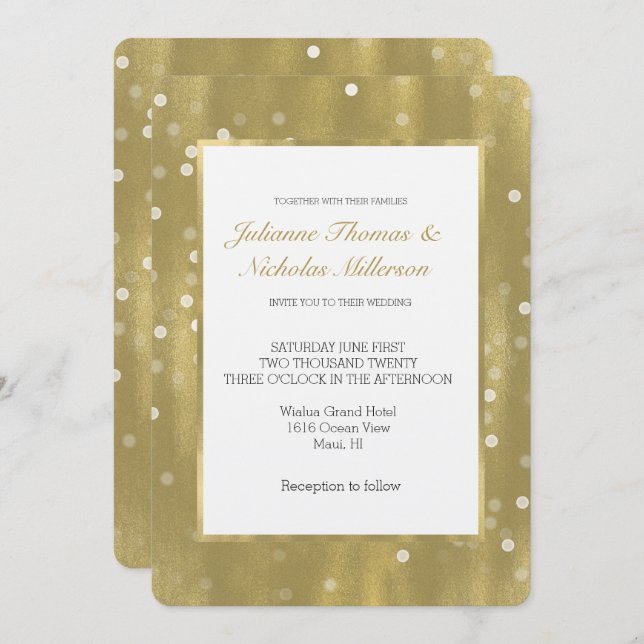 Convite Casamento Dourado e Branco de Confetti Bokeh (Frente/Verso)