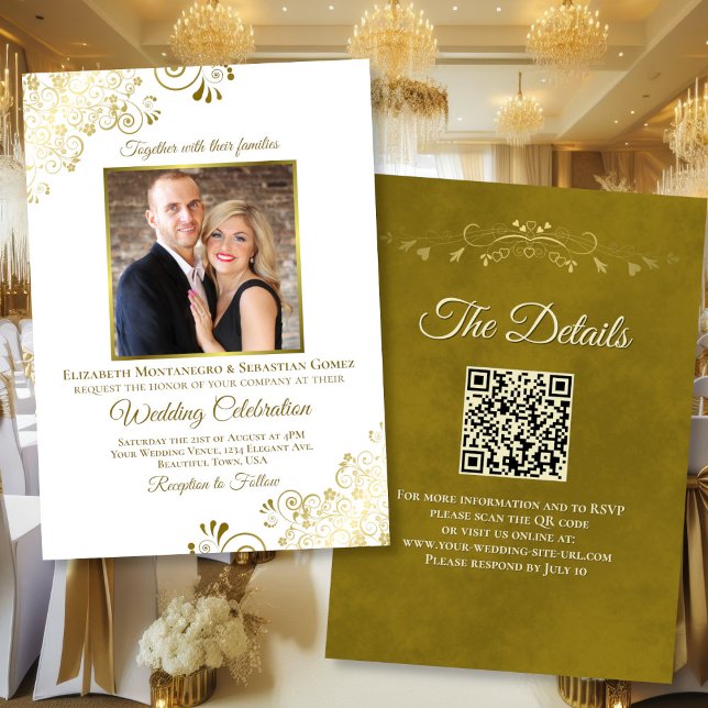 Convite Casamento Dourado e Branco de Foto e Código QR (Front/Back)
