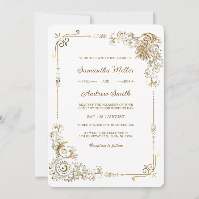 Convite Casamento Dourado e Branco editável (Frente)