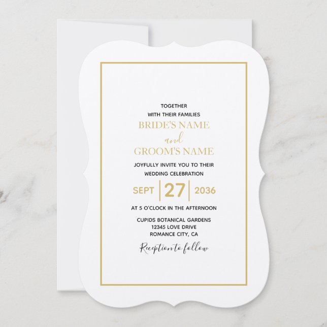 Convite Casamento Dourado e branco minimalista (Frente)
