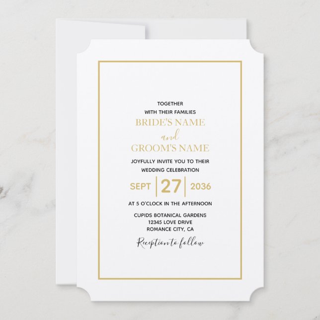 Convite Casamento Dourado e branco minimalista (Frente)
