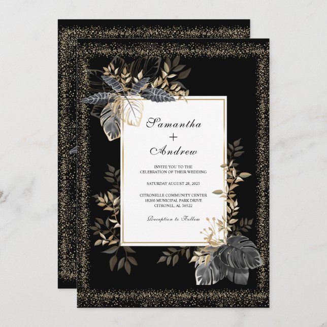 Convite Casamento Dourado E Branco Negro (Frente/Verso)