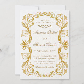 Convite Casamento Dourado e branco vitoriano legante