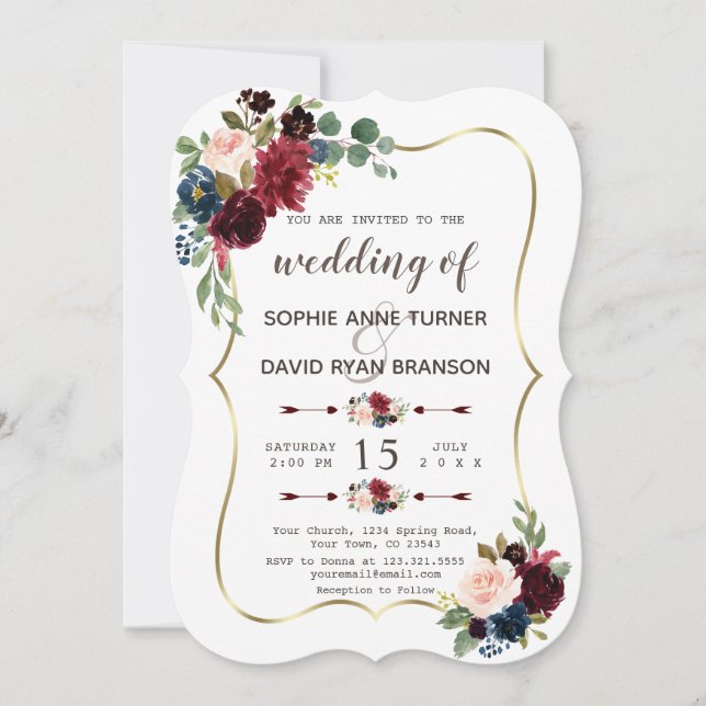 Convite Casamento Dourado e charmoso de Marinho Azul (Frente)