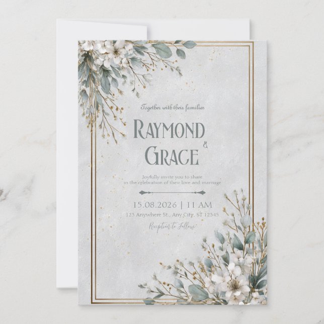 Convite Casamento Dourado e com Flor Branco Elegante (Frente)