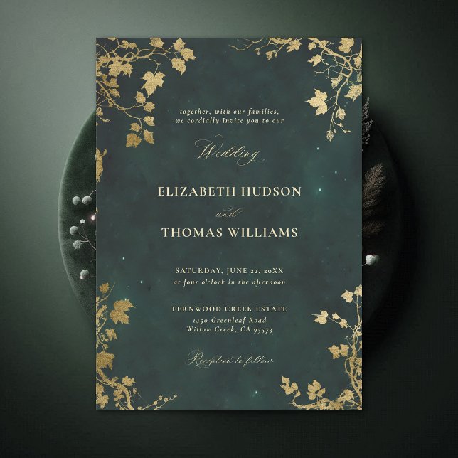 Convite Casamento Dourado e  da Floresta Mínima Encantada (Enchanted Forest Emerald Green Draped Greenery Minimal Frame Modern Calligraphy Wedding Invitation)