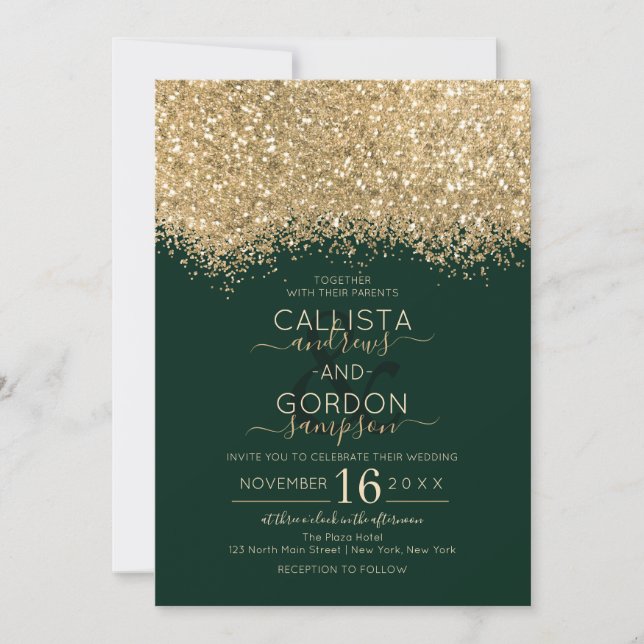 Convite Casamento Dourado e  de Lúpulo Verde com Confetti (Frente)