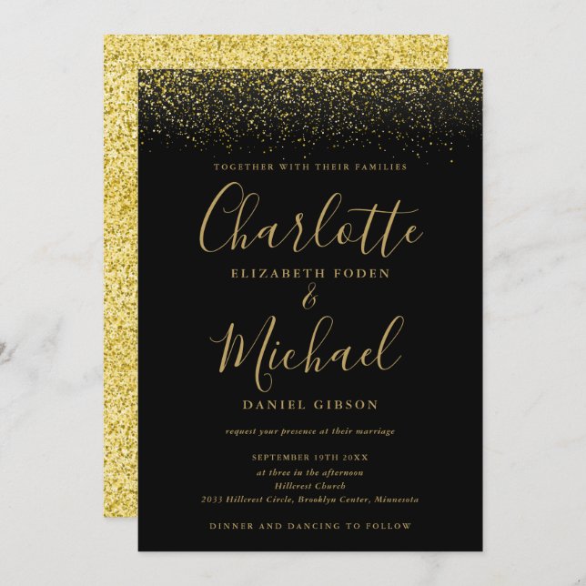 Convite Casamento Dourado E  De Manuscrito Chic Black (Frente/Verso)