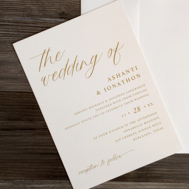 Convite Casamento Dourado e de Manuscrito de Fé (Gold and Light Cream Romantic Wedding Invitations - Elegant and Soft)