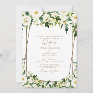 Convite Casamento Dourado e Floral Branco Elegante