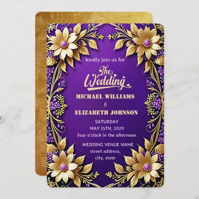 Convite Casamento Dourado e legante de moldura púrpura (Frente/Verso)