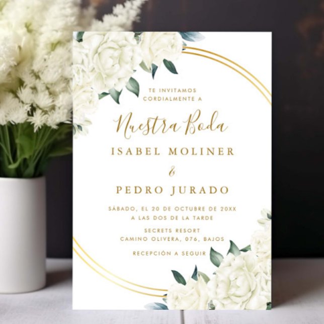 Convite Casamento Dourado e legante Ivory Floral Nuestra B (Criador carregado)