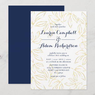 Convite Casamento Dourado e Marinho de Foliografia Elegant
