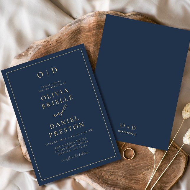 Convite Casamento Dourado e Marinho Moderno Minimalista (Criador carregado)