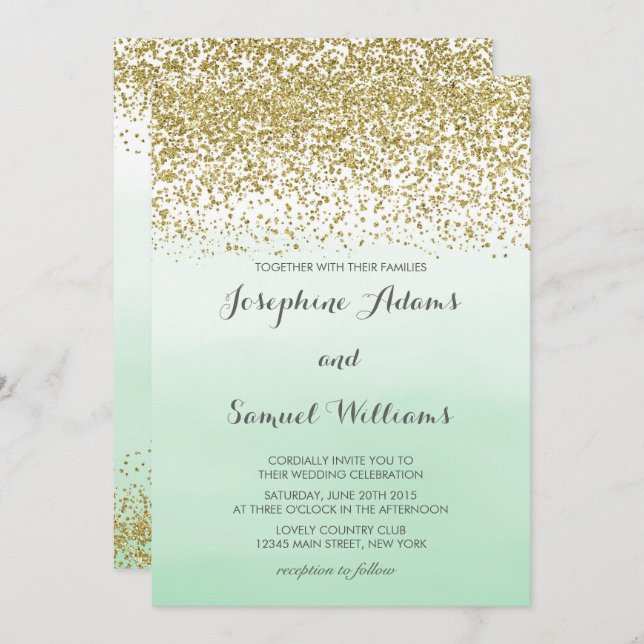 Convite Casamento Dourado e Mint Green (Frente/Verso)