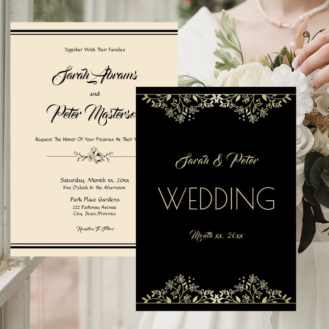 Convite Casamento Dourado e negro legante (Elegant Black and Gold Wedding Invitation)