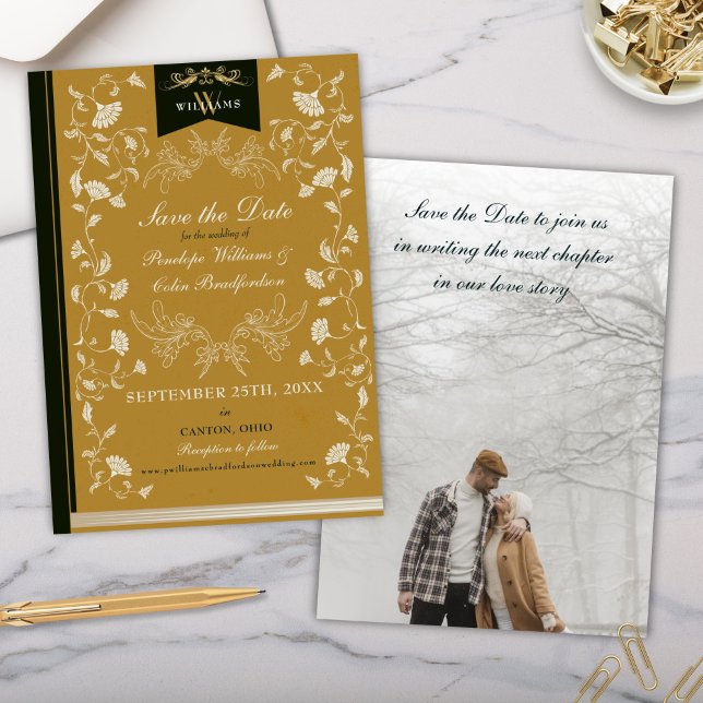 Convite Casamento Dourado e negro legante Salvar a Data (Elegant black and gold save the date invitation cards for library book cover theme wedding idea)