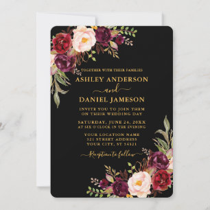 Convite Casamento Dourado e Preto Floral com Borgonha