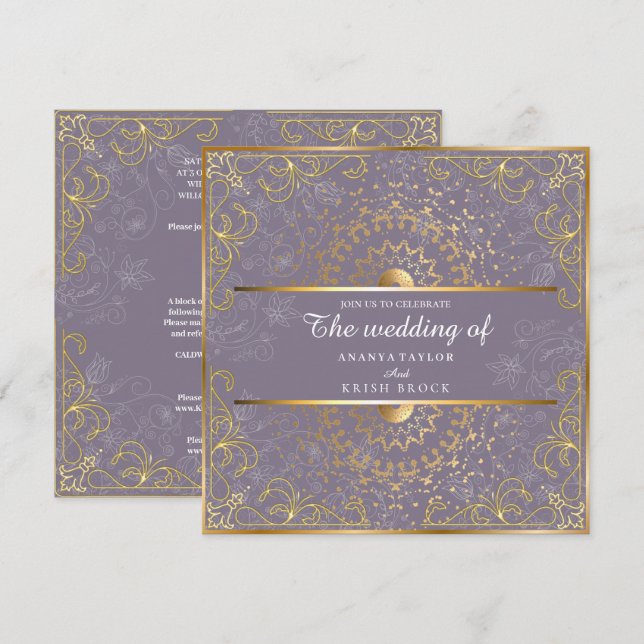 Convite Casamento Dourado e Roxo (Frente/Verso)