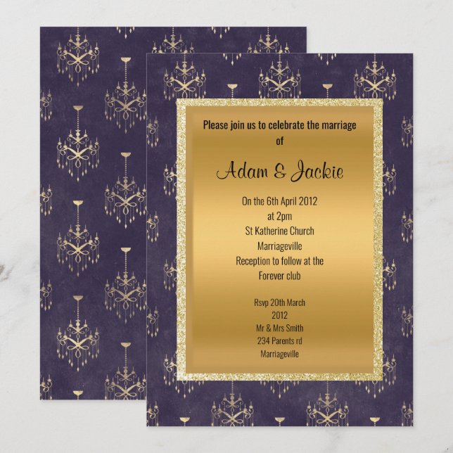 Convite Casamento Dourado e roxo de Chandelier (Frente/Verso)
