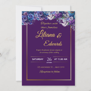 Convite Casamento Dourado e Roxo Elegante