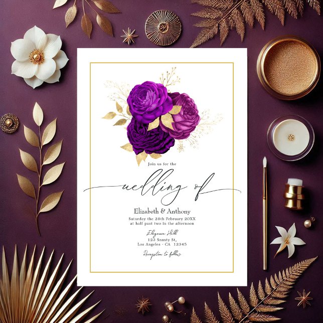 Convite Casamento Dourado e Roxo Elegante (Elegant Purple and Gold Floral Wedding Invitation)