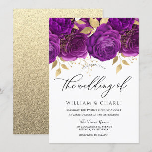 Convite Casamento Dourado e roxo Floral Sparkle