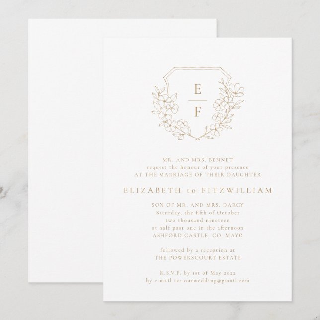 Convite Casamento Dourado e simples do Blossom de Cereja (Frente/Verso)