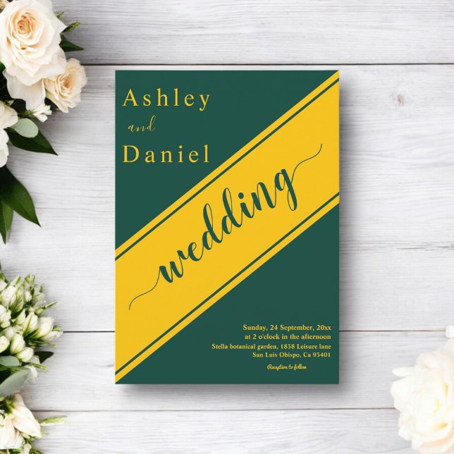 Convite Casamento Dourado E Verde Moderno Elegante (Criador carregado)