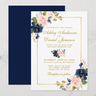 Convite Casamento Dourado Elegante Azul-Blush Azul-Cor-de-